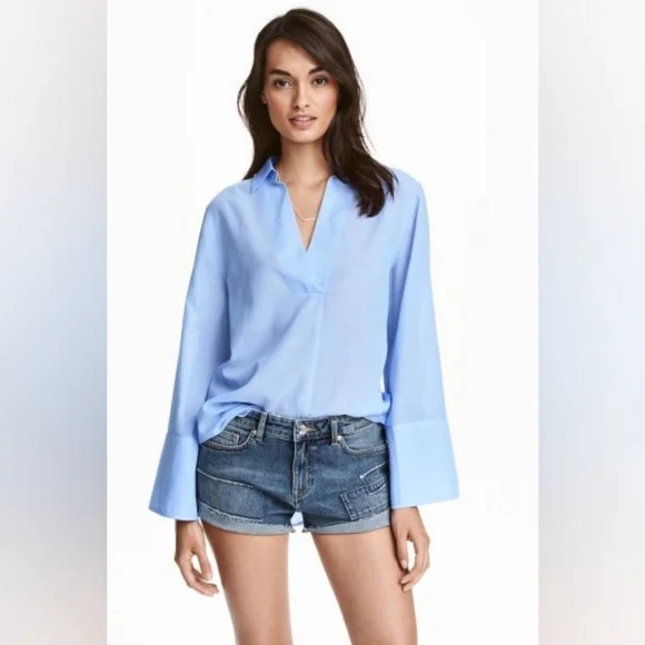 H&M Blouse in woven cotton fabric wide sleeves Collar wrapover V-Neck Size 8 - Picture 1 of 16